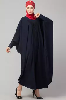 Navy Blue Matt Nida Neck and Sleeve Embroidery with Cuff free Size  Kaftan