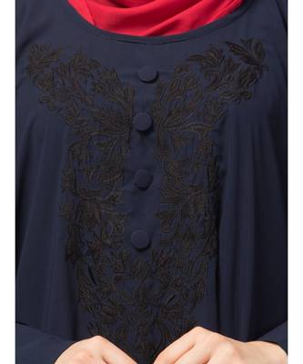 Navy Blue Matt Nida Neck and Sleeve Embroidery with Cuff free Size  Kaftan 6