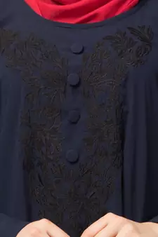 Navy Blue Matt Nida Neck and Sleeve Embroidery with Cuff free Size  Kaftan