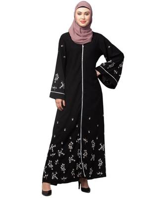 Black Matt Nida Front Open Front & Back sleeve Embroidered  Abaya cum Kaftan 1