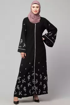Black Matt Nida Front Open Front & Back sleeve Embroidered  Abaya cum Kaftan