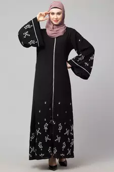 Black Matt Nida Front Open Front & Back sleeve Embroidered  Abaya cum Kaftan
