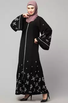Black Matt Nida Front Open Front & Back sleeve Embroidered  Abaya cum Kaftan