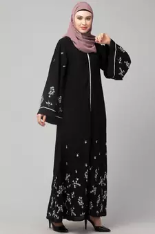 Black Matt Nida Front Open Front & Back sleeve Embroidered  Abaya cum Kaftan