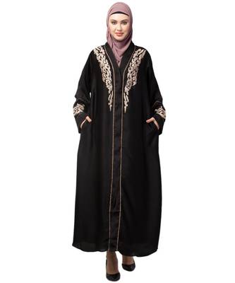 Black Premium Shine Nida front open Thread Embroidery at Front and Sleeve Dubai Nida Kaftan 1