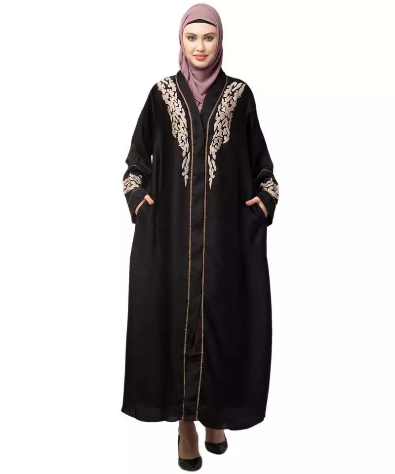 Black Premium Shine Nida front open Thread Embroidery at Front and Sleeve Dubai Nida Kaftan