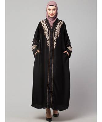 Black Premium Shine Nida front open Thread Embroidery at Front and Sleeve Dubai Nida Kaftan 2