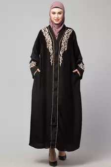 Black Premium Shine Nida front open Thread Embroidery at Front and Sleeve Dubai Nida Kaftan