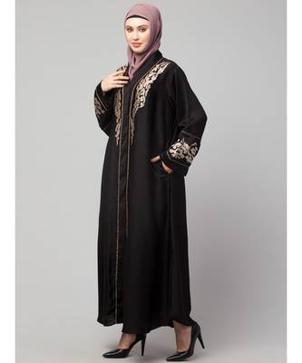 Black Premium Shine Nida front open Thread Embroidery at Front and Sleeve Dubai Nida Kaftan 3
