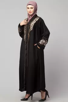 Black Premium Shine Nida front open Thread Embroidery at Front and Sleeve Dubai Nida Kaftan