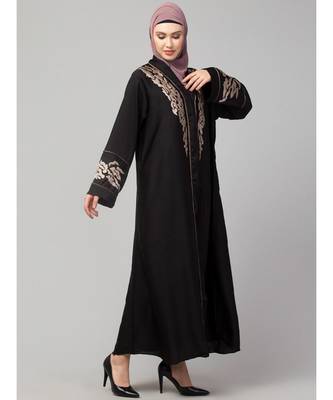 Black Premium Shine Nida front open Thread Embroidery at Front and Sleeve Dubai Nida Kaftan 4
