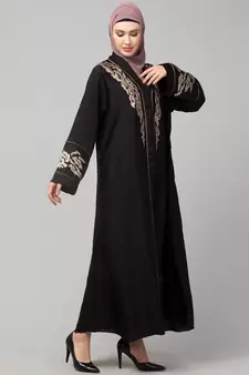 Black Premium Shine Nida front open Thread Embroidery at Front and Sleeve Dubai Nida Kaftan