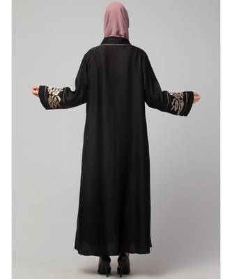 Black Premium Shine Nida front open Thread Embroidery at Front and Sleeve Dubai Nida Kaftan 6
