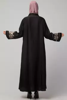 Black Premium Shine Nida front open Thread Embroidery at Front and Sleeve Dubai Nida Kaftan