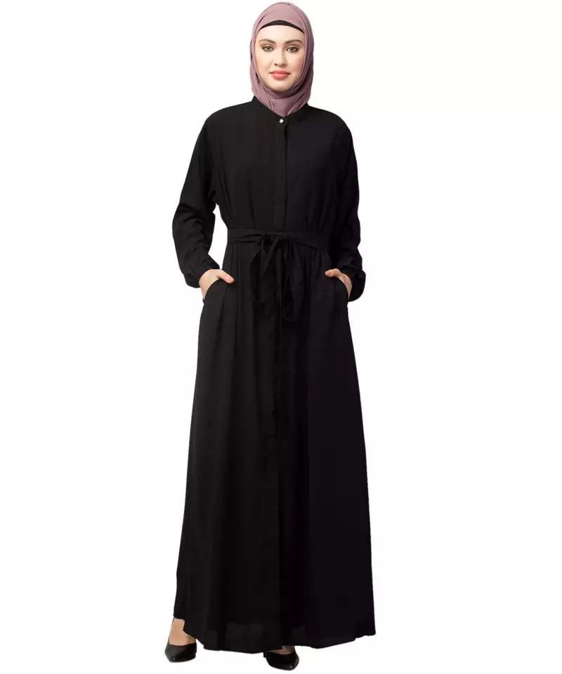 Black Matt Nida Front Open with Belt and Elastic at cuff Casual Abaya