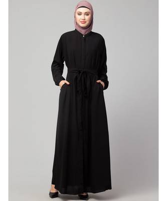 Black Matt Nida Front Open with Belt and Elastic at cuff Casual Abaya 2