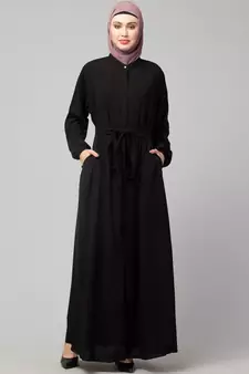 Black Matt Nida Front Open with Belt and Elastic at cuff Casual Abaya