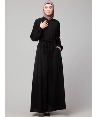 Black Matt Nida Front Open with Belt and Elastic at cuff Casual Abaya 3