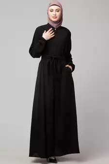 Black Matt Nida Front Open with Belt and Elastic at cuff Casual Abaya