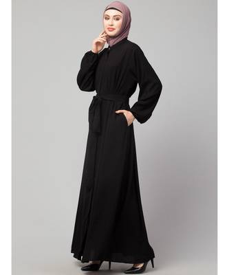 Black Matt Nida Front Open with Belt and Elastic at cuff Casual Abaya 4