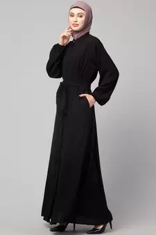 Black Matt Nida Front Open with Belt and Elastic at cuff Casual Abaya
