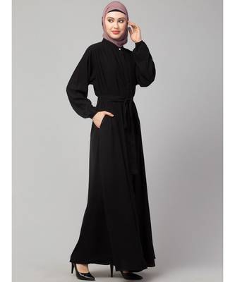 Black Matt Nida Front Open with Belt and Elastic at cuff Casual Abaya 5
