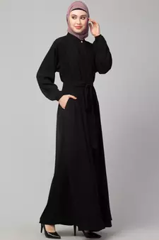 Black Matt Nida Front Open with Belt and Elastic at cuff Casual Abaya