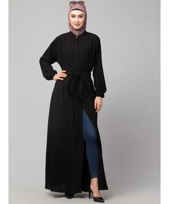 Black Matt Nida Front Open with Belt and Elastic at cuff Casual Abaya 6