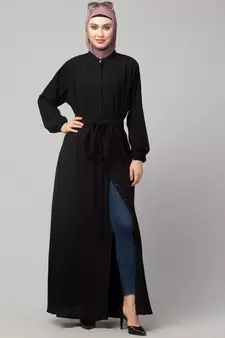 Black Matt Nida Front Open with Belt and Elastic at cuff Casual Abaya