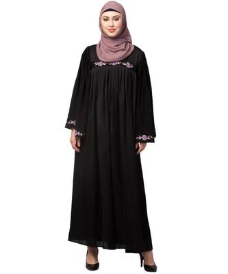 Black Premimum Shine Nida Pleats at chest with extra Georgette bell Sleeve Embroidery Abaya 1