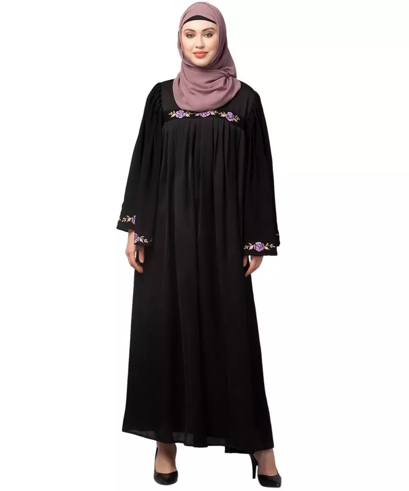 Black Premimum Shine Nida Pleats at chest with extra Georgette bell Sleeve Embroidery Abaya