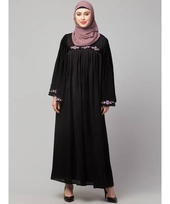Black Premimum Shine Nida Pleats at chest with extra Georgette bell Sleeve Embroidery Abaya 2