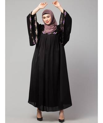 Black Premimum Shine Nida Pleats at chest with extra Georgette bell Sleeve Embroidery Abaya 3