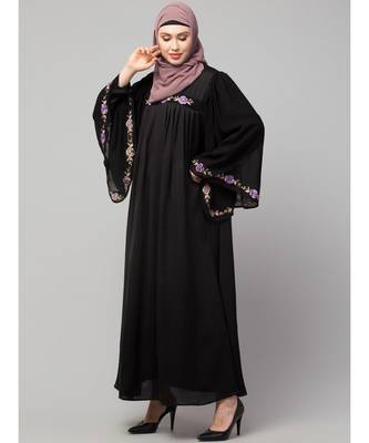 Black Premimum Shine Nida Pleats at chest with extra Georgette bell Sleeve Embroidery Abaya 4