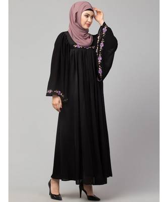 Black Premimum Shine Nida Pleats at chest with extra Georgette bell Sleeve Embroidery Abaya 5