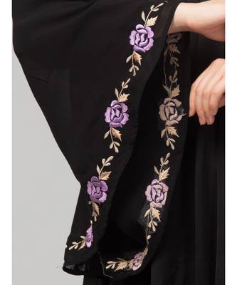 Black Premimum Shine Nida Pleats at chest with extra Georgette bell Sleeve Embroidery Abaya 6