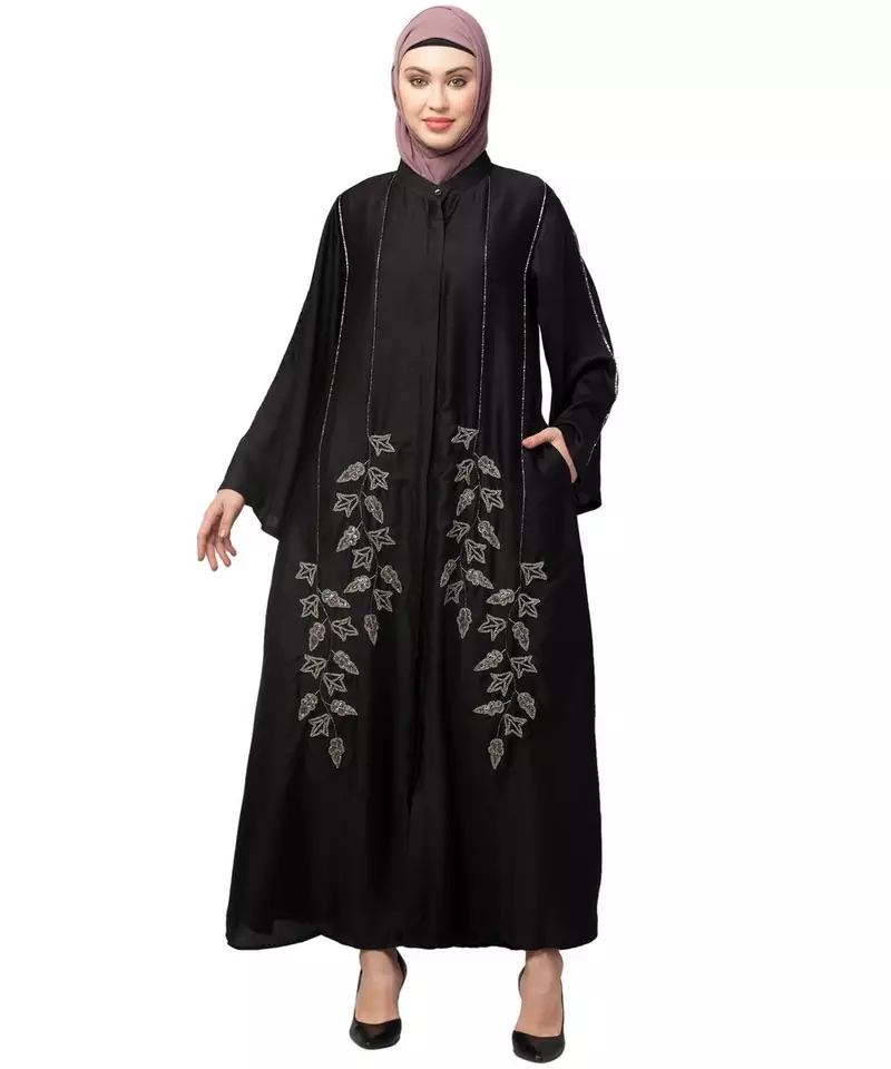 Black Premium Shine Nida Front Open bell Sleeve hand embroidered Front & Back Nida Abaya