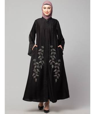 Black Premium Shine Nida Front Open Bell Sleeve Hand Embroidered EID Abaya 2