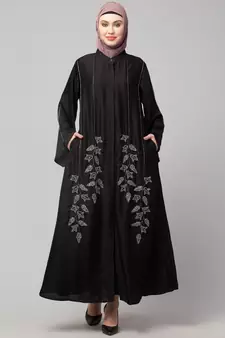 Black Premium Shine Nida Front Open Bell Sleeve Hand Embroidered EID Abaya