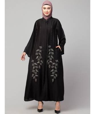 Black Premium Shine Nida Front Open Bell Sleeve Hand Embroidered EID Abaya 3