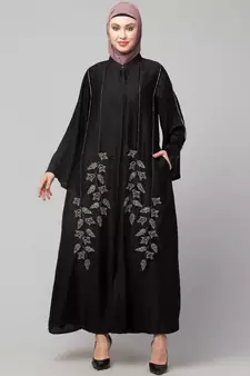 Black Premium Shine Nida Front Open Bell Sleeve Hand Embroidered EID Abaya