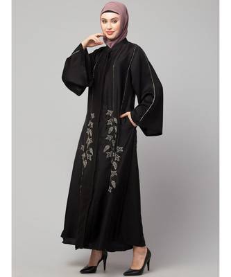 Black Premium Shine Nida Front Open Bell Sleeve Hand Embroidered EID Abaya 4