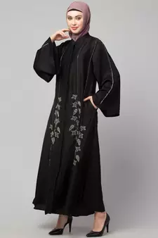 Black Premium Shine Nida Front Open Bell Sleeve Hand Embroidered EID Abaya