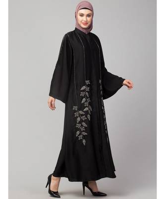 Black Premium Shine Nida Front Open Bell Sleeve Hand Embroidered EID Abaya 5