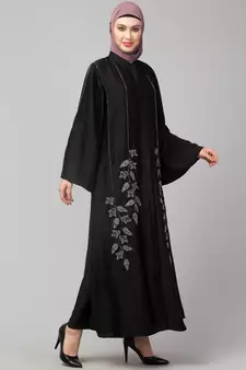 Black Premium Shine Nida Front Open Bell Sleeve Hand Embroidered EID Abaya