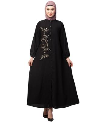 Black Matt Nida Front Open one side Thread embroidery  Casual Abaya 1