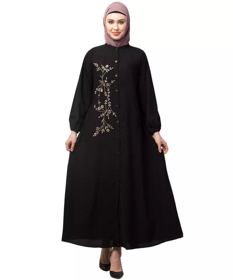Black Matt Nida Front Open one side Thread embroidery  Casual Abaya