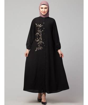 Black Matt Nida Front Open one side Thread embroidery  Casual Abaya 2