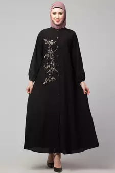 Black Matt Nida Front Open one side Thread embroidery  Casual Abaya