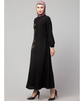 Black Matt Nida Front Open one side Thread embroidery  Casual Abaya 3